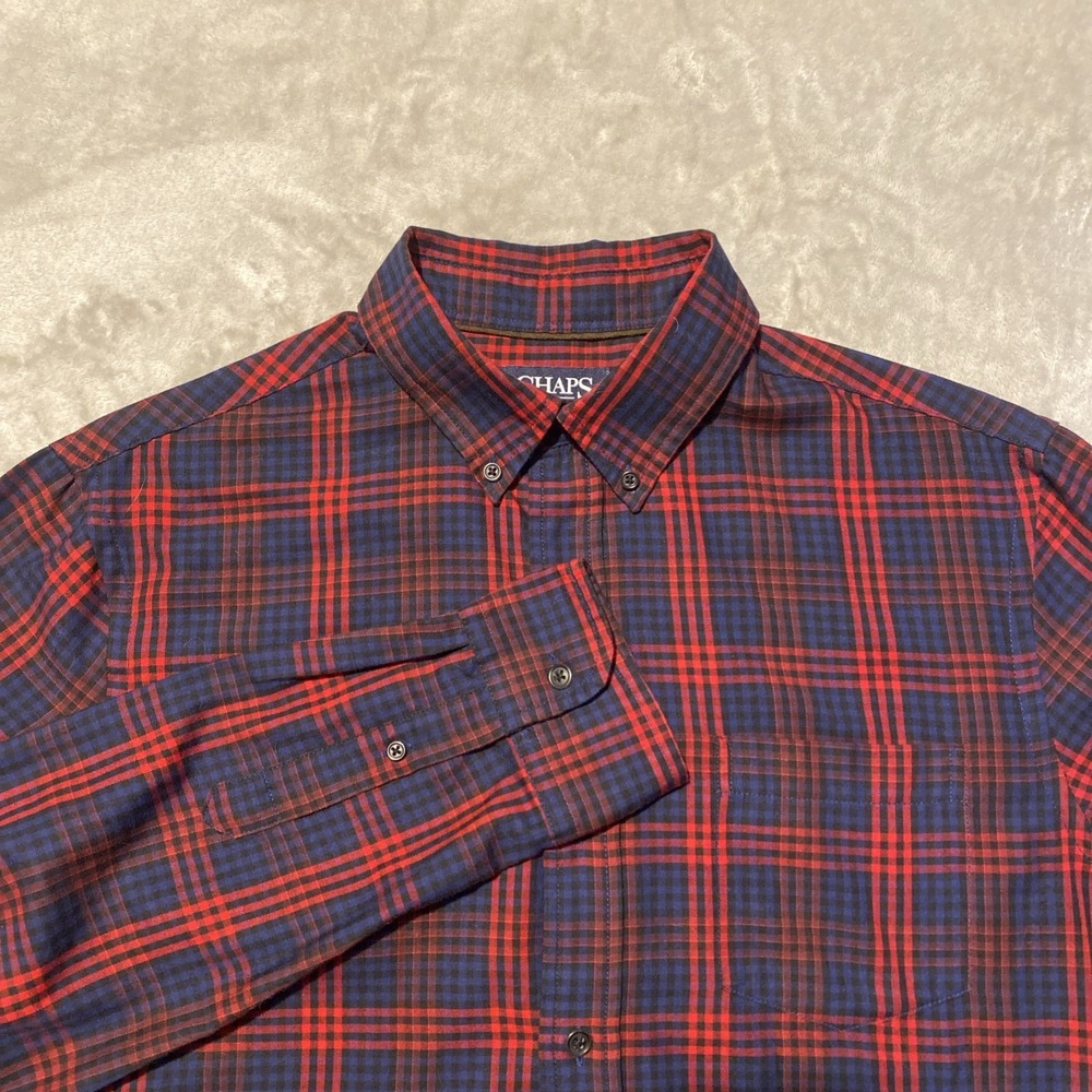CHAPS Shirt Mens Sz‎ M Red Blue Buffalo Plaid Button Down Hipster Preppy Grunge